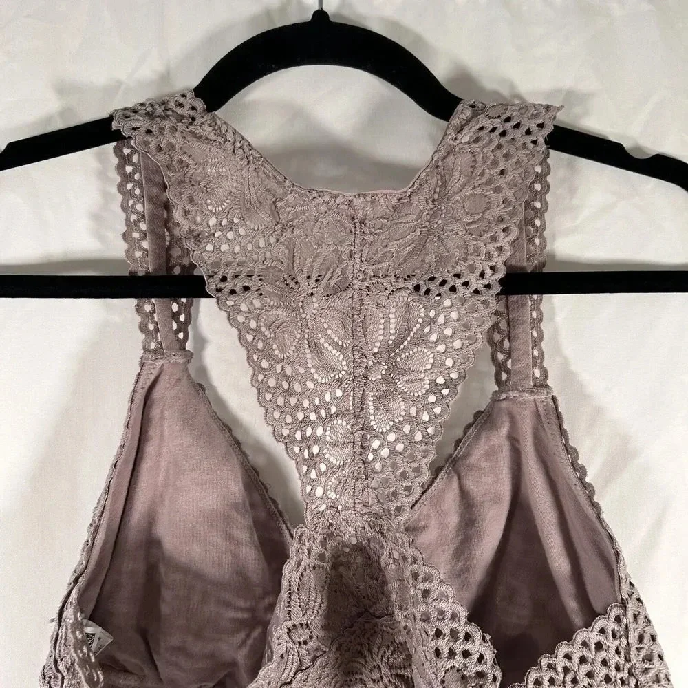 aerie Bralette Women's Large Dark Pink Floral Lace Open Knit Straps Pull On